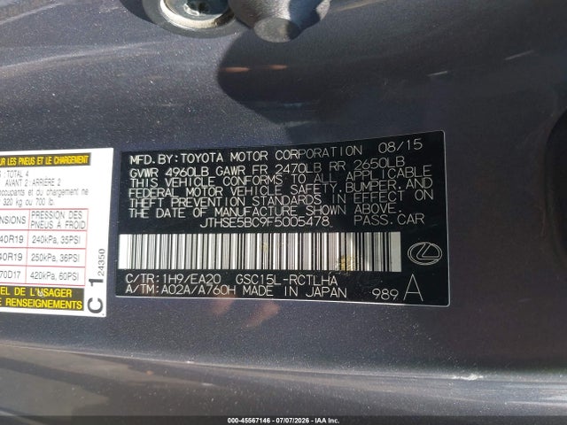 Aukcja sprzedaży 2015 Lexus Rc 350, vin: JTHSE5BC9F5005478, numer aukcji: 45567146