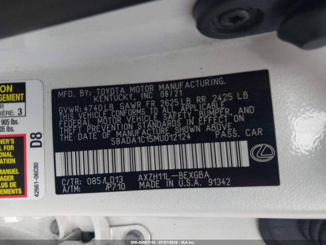 2021 Lexus Es 300h მანქანა იყიდება აუქციონზე, vin: 58ADA1C15MU012124, აუქციონის ნომერი: 45567150