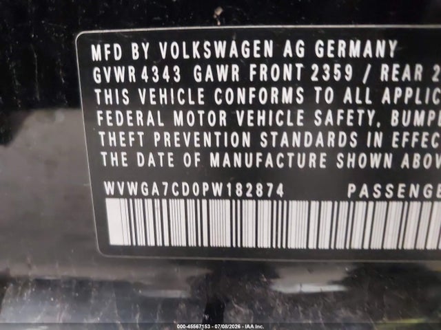 45567153 :رقم المزاد ، WVWGA7CD0PW182874 vin ، 2023 Volkswagen Golf Gti 2.0t S مزاد بيع