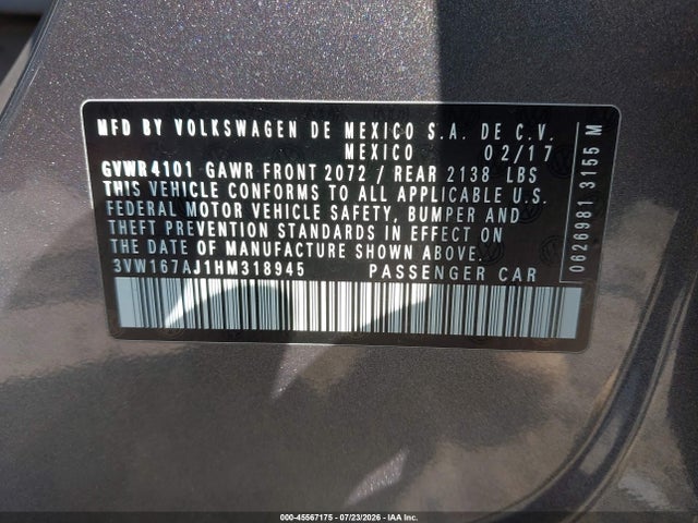 2017 Volkswagen Jetta 1.4t S მანქანა იყიდება აუქციონზე, vin: 3VW167AJ1HM318945, აუქციონის ნომერი: 45567175