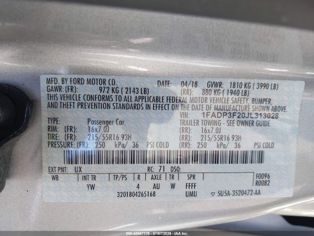 45567178 :رقم المزاد ، 1FADP3F20JL313028 vin ، 2018 Ford Focus Se مزاد بيع