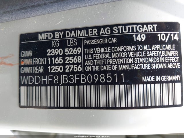 Aukcja sprzedaży 2015 Mercedes-benz E 350 4matic, vin: WDDHF8JB3FB098511, numer aukcji: 45567189