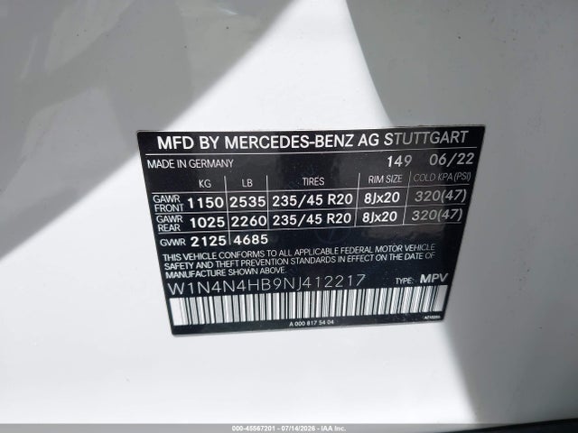 Aukcja sprzedaży 2022 Mercedes-benz Gla 250 4matic, vin: W1N4N4HB9NJ412217, numer aukcji: 45567201