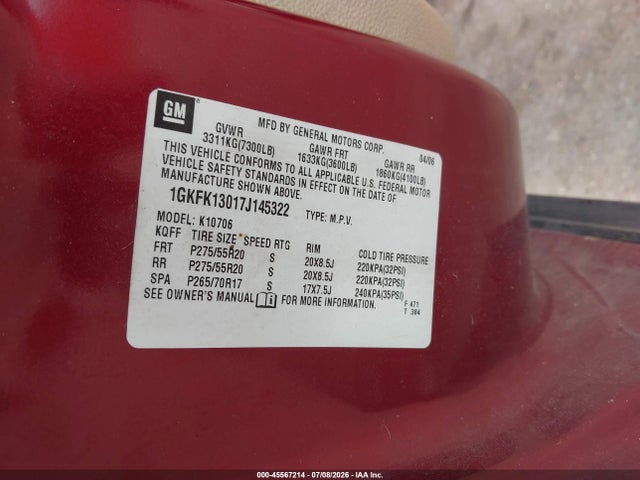 45567214 :رقم المزاد ، 1GKFK13017J145322 vin ، 2007 Gmc Yukon Slt مزاد بيع