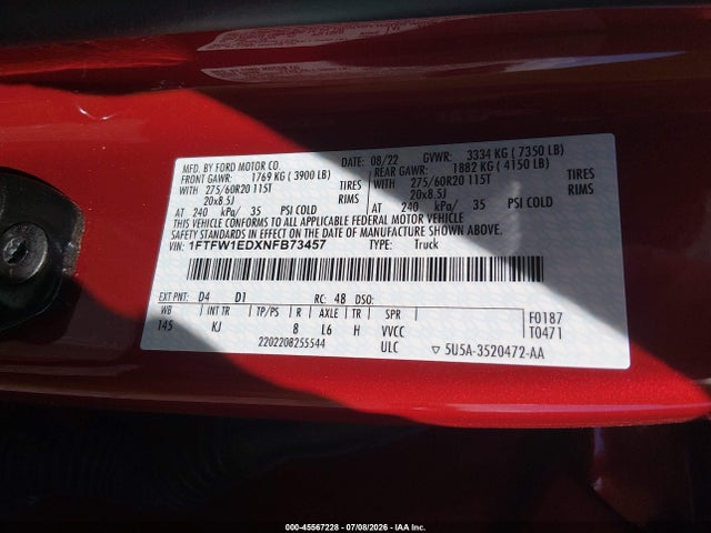 45567228 :رقم المزاد ، 1FTFW1EDXNFB73457 vin ، 2022 Ford F-150 King Ranch مزاد بيع