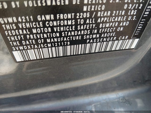 Aukcja sprzedaży 2012 Volkswagen Jetta 2.5l Se, vin: 3VWDX7AJ5CM121179, numer aukcji: 45567232