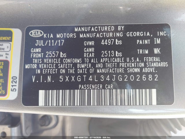 Продаж на аукціоні авто 2018 Kia Optima Lx, vin: 5XXGT4L34JG202682, номер лоту: 45567251