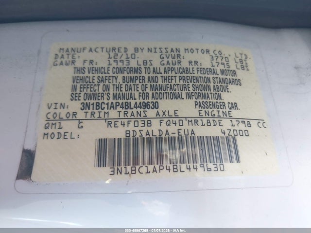2011 Nissan Versa 1.8s მანქანა იყიდება აუქციონზე, vin: 3N1BC1AP4BL449630, აუქციონის ნომერი: 45567269