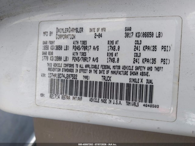 Aukcja sprzedaży 2004 Dodge Ram 1500 Slt/laramie, vin: 1D7HA18D74J207522, numer aukcji: 45567282