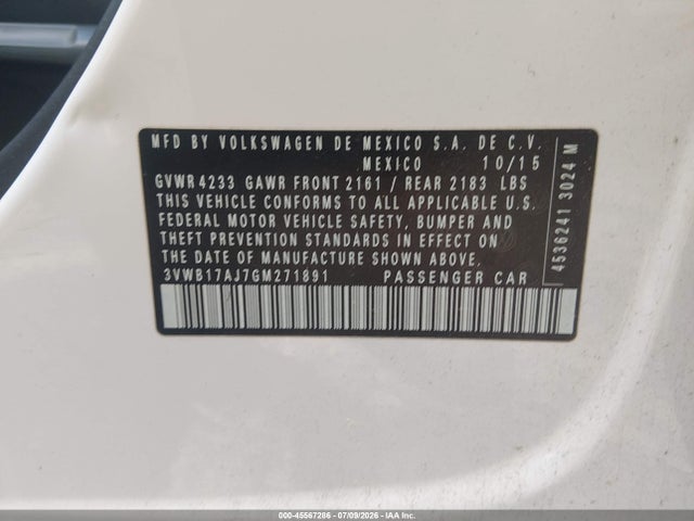 Продаж на аукціоні авто 2016 Volkswagen Jetta 1.8t Sport, vin: 3VWB17AJ7GM271891, номер лоту: 45567286