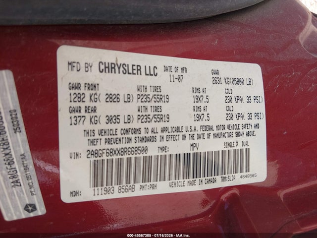 Продаж на аукціоні авто 2008 Chrysler Pacifica Touring, vin: 2A8GF68XX8R668500, номер лоту: 45567305