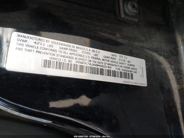 45567339 :رقم المزاد ، 3VWDX7AJ6BM083749 vin ، 2011 Volkswagen Jetta 2.5l Se مزاد بيع