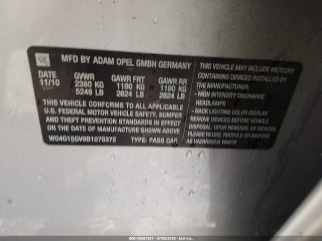 Aukcja sprzedaży 2011 Buick Regal Cxl Turbo Russelsheim, vin: W04G15GV6B1076372, numer aukcji: 45567341