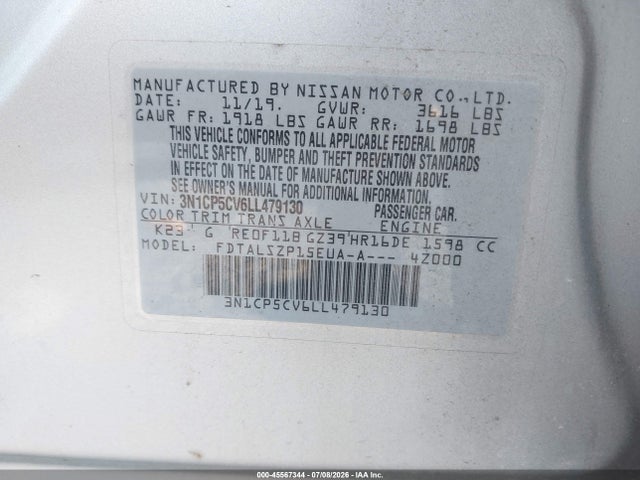 Продаж на аукціоні авто 2020 Nissan Kicks Sv Xtronic Cvt, vin: 3N1CP5CV6LL479130, номер лоту: 45567344