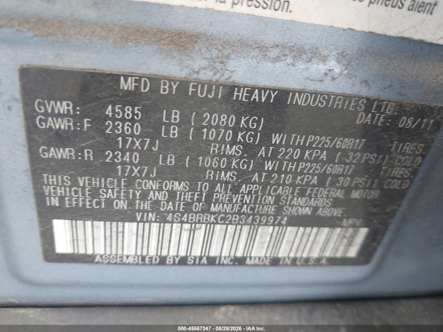 45567347 :رقم المزاد ، 4S4BRBKC2B3439974 vin ، 2011 Subaru Outback 2.5i Limited مزاد بيع