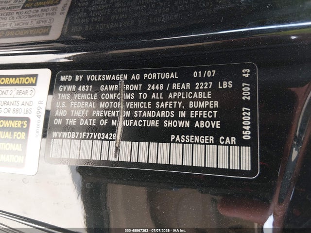 2007 Volkswagen Eos 3.2l მანქანა იყიდება აუქციონზე, vin: WVWDB71F77V034294, აუქციონის ნომერი: 45567363