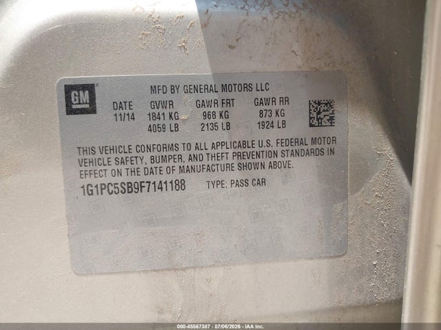 1G1PC5SB9F7141188 Chevrolet Cruze 1lt Auto