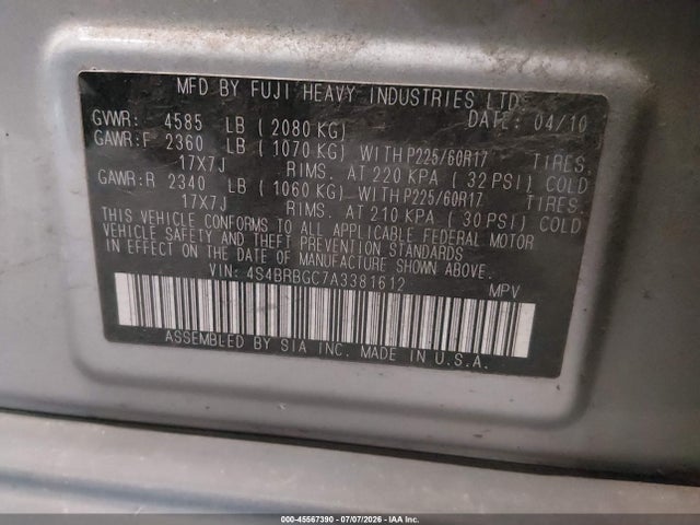 2010 Subaru Outback 2.5i Premium მანქანა იყიდება აუქციონზე, vin: 4S4BRBGC7A3381612, აუქციონის ნომერი: 45567390