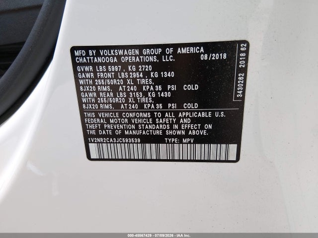 Aukcja sprzedaży 2018 Volkswagen Atlas 3.6l V6 Sel Premium, vin: 1V2NR2CA3JC593539, numer aukcji: 45567429