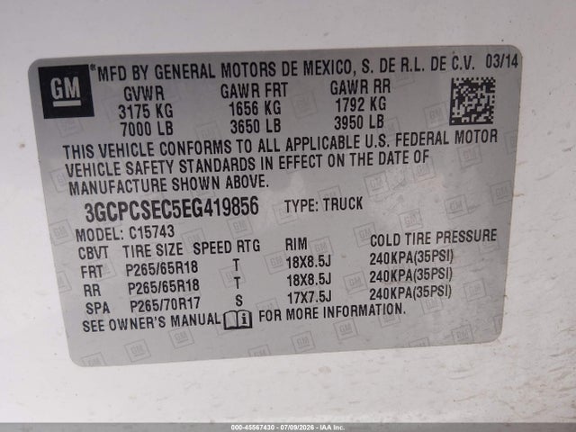 Продажа на аукционе авто 2014 Chevrolet Silverado 1500 Ltz, vin: 3GCPCSEC5EG419856, номер лота: 45567430