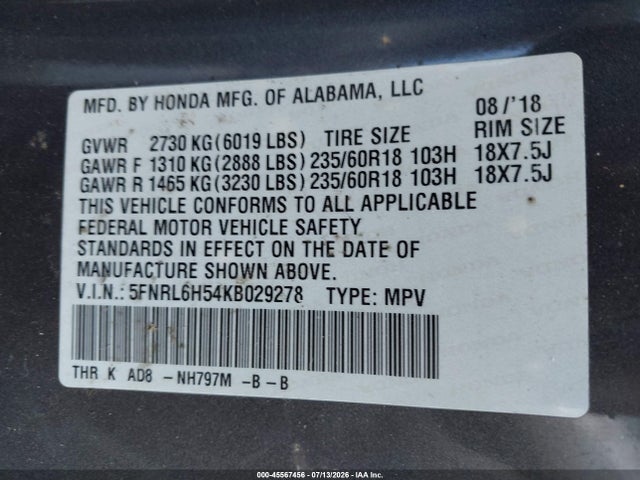 Aukcja sprzedaży 2019 Honda Odyssey Ex, vin: 5FNRL6H54KB029278, numer aukcji: 45567456