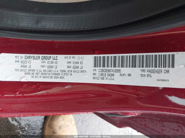45567458 :رقم المزاد ، 1C3BCBEB0CN162891 vin ، 2012 Chrysler 200 Touring مزاد بيع