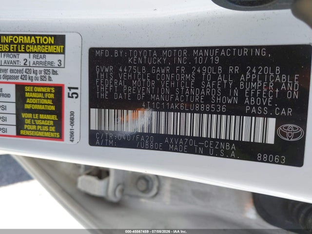 Auction sale of the 2020 Toyota Camry Le, vin: 4T1C11AK6LU888536, lot number: 45567459