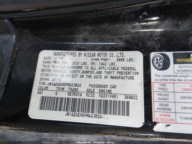 45567461 :رقم المزاد ، JN1AZ4EH6FM443824 vin ، 2015 Nissan 370z Nismo/nismo Tech/sport/sport Tech/touring مزاد بيع