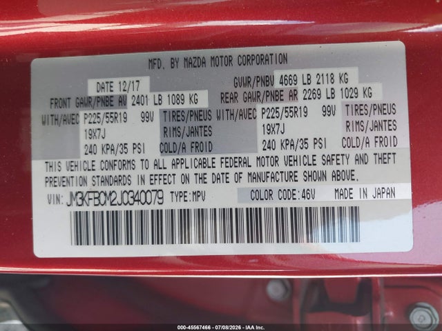 45567466 :رقم المزاد ، JM3KFBCM2J0340079 vin ، 2018 Mazda Cx-5 Touring مزاد بيع