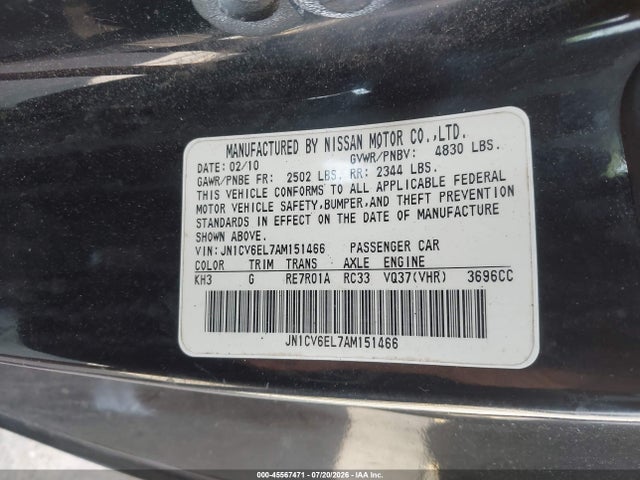 45567471 :رقم المزاد ، JN1CV6EL7AM151466 vin ، 2010 Infiniti G37x مزاد بيع
