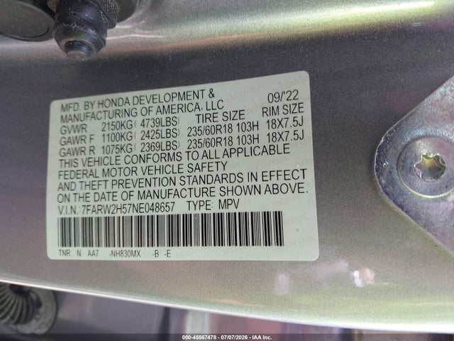 Продаж на аукціоні авто 2022 Honda Cr-v Awd Ex, vin: 7FARW2H57NE048657, номер лоту: 45567478