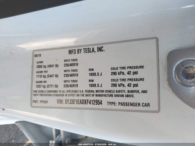 Tesla Model 3 Long Range/mid Range/standard Range/standard Range Plus 2019 5YJ3E1EAXKF412954 Image 9