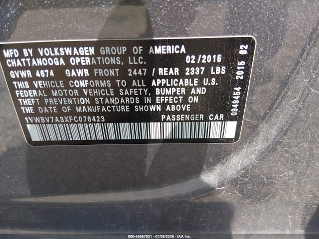 Продаж на аукціоні авто 2015 Volkswagen Passat 2.0l Tdi Se, vin: 1VWBV7A3XFC076423, номер лоту: 45567521