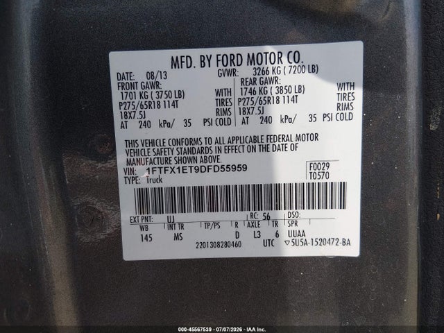 45567539 :رقم المزاد ، 1FTFX1ET9DFD55959 vin ، 2013 Ford F-150 Fx4/lariat/xl/xlt مزاد بيع