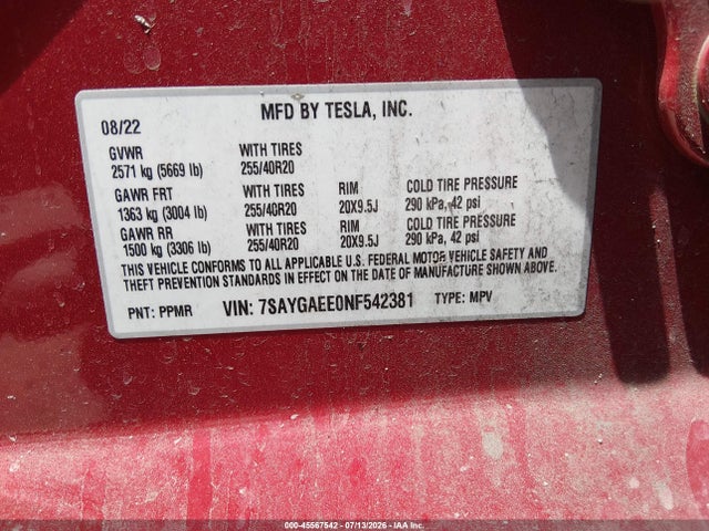 Продажа на аукционе авто 2022 Tesla Model Y Long Range Dual Motor All-wheel Drive, vin: 7SAYGAEE0NF542381, номер лота: 45567542