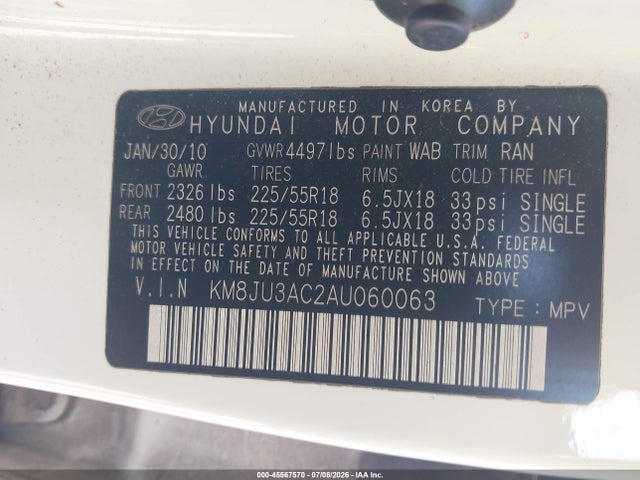 45567570 :رقم المزاد ، KM8JU3AC2AU060063 vin ، 2010 Hyundai Tucson Limited مزاد بيع