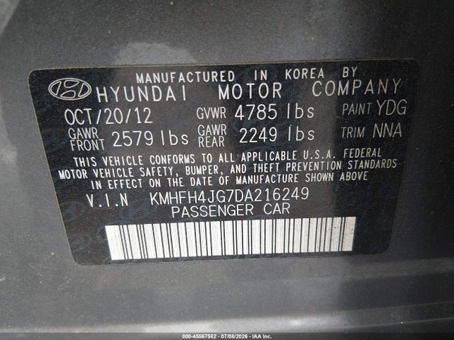 Aukcja sprzedaży 2013 Hyundai Azera, vin: KMHFH4JG7DA216249, numer aukcji: 45567582