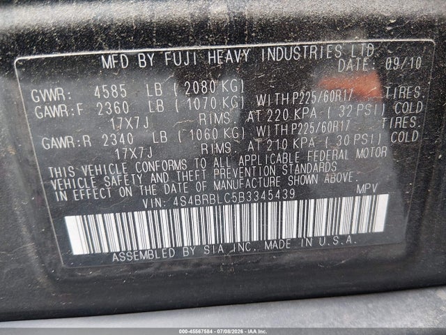 2011 Subaru Outback 2.5i Limited მანქანა იყიდება აუქციონზე, vin: 4S4BRBLC5B3345439, აუქციონის ნომერი: 45567584