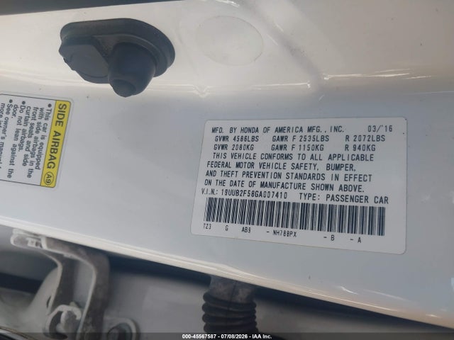 45567587 :رقم المزاد ، 19UUB2F58GA007410 vin ، 2016 Acura Tlx V6 Tech مزاد بيع