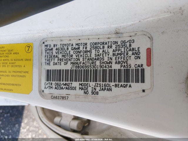 Aukcja sprzedaży 2003 Lexus Gs 300, vin: JT8BD69S530190434, numer aukcji: 45567592
