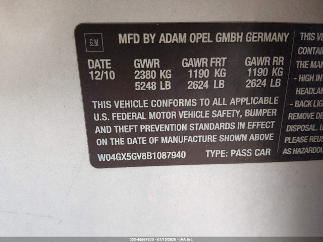 2011 Buick Regal Cxl Turbo Russelsheim მანქანა იყიდება აუქციონზე, vin: W04GX5GV8B1087940, აუქციონის ნომერი: 45567600
