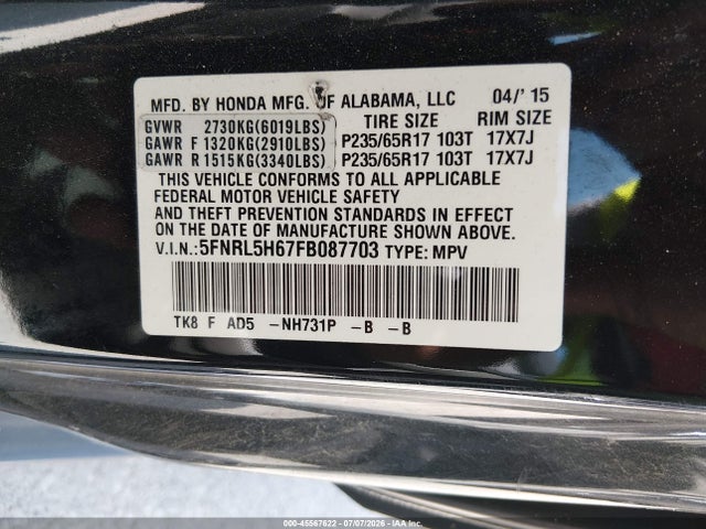 5FNRL5H67FB087703 Honda Odyssey Ex-l