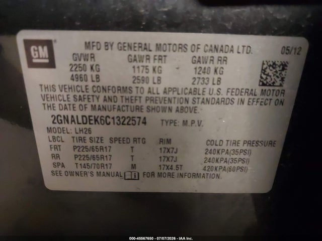 Продаж на аукціоні авто 2012 Chevrolet Equinox Lt W/1lt, vin: 2GNALDEK6C1322574, номер лоту: 45567650