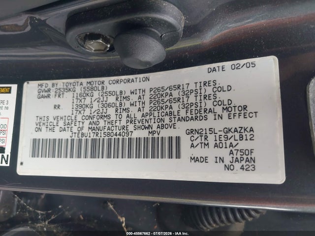 Aukcja sprzedaży 2005 Toyota 4runner Limited V6, vin: JTEBU17R158044097, numer aukcji: 45567662