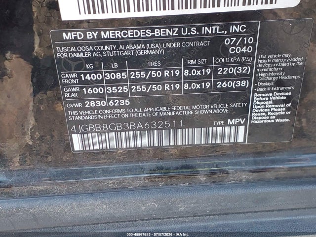 45567683 :رقم المزاد ، 4JGBB8GB3BA632511 vin ، 2011 Mercedes-benz Ml 350 4matic مزاد بيع