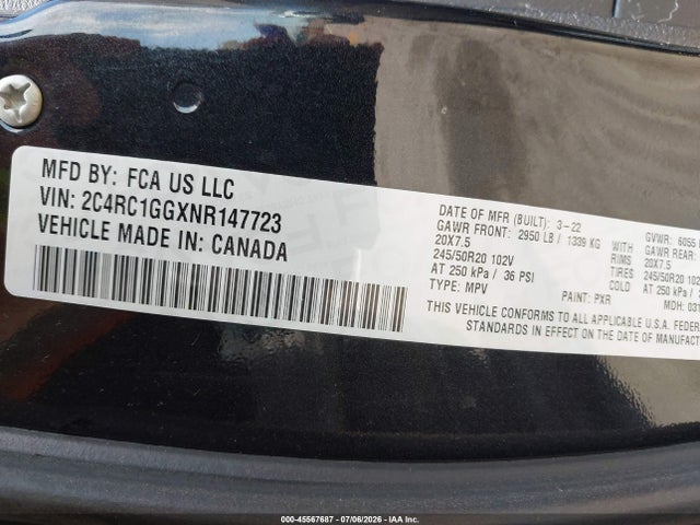 45567687 :رقم المزاد ، 2C4RC1GGXNR147723 vin ، 2022 Chrysler Pacifica Limited مزاد بيع