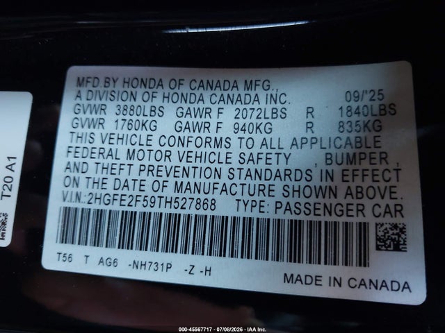 2HGFE2F59TH527868 Honda Civic Sport