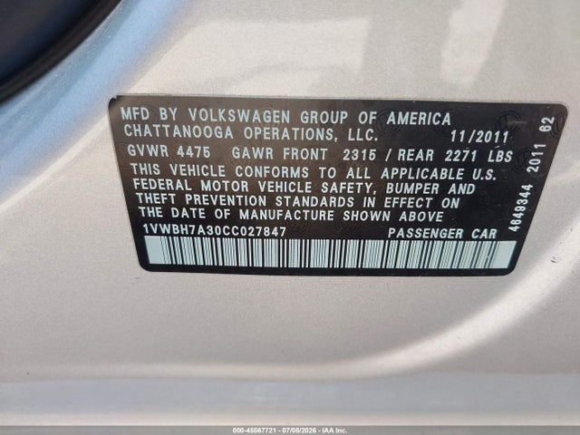 Продаж на аукціоні авто 2012 Volkswagen Passat 2.5l Se, vin: 1VWBH7A30CC027847, номер лоту: 45567721