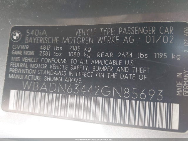 45567730 :رقم المزاد ، WBADN63442GN85693 vin ، 2002 Bmw 5 Series 540ia مزاد بيع