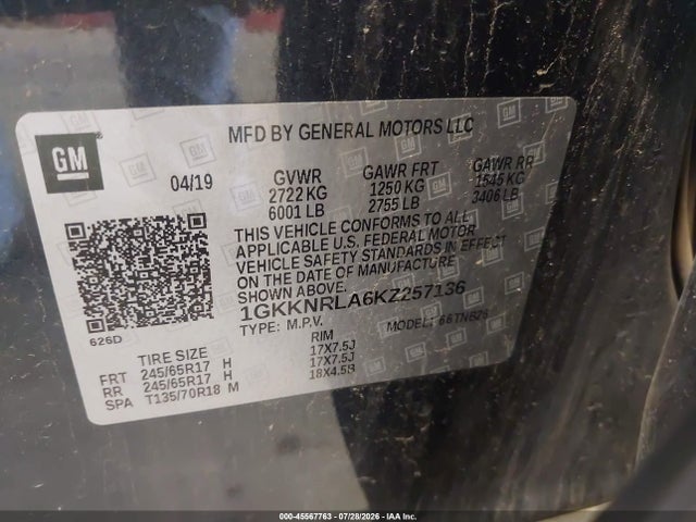 Продажа на аукционе авто 2019 Gmc Acadia Sle-1, vin: 1GKKNRLA6KZ257136, номер лота: 45567763